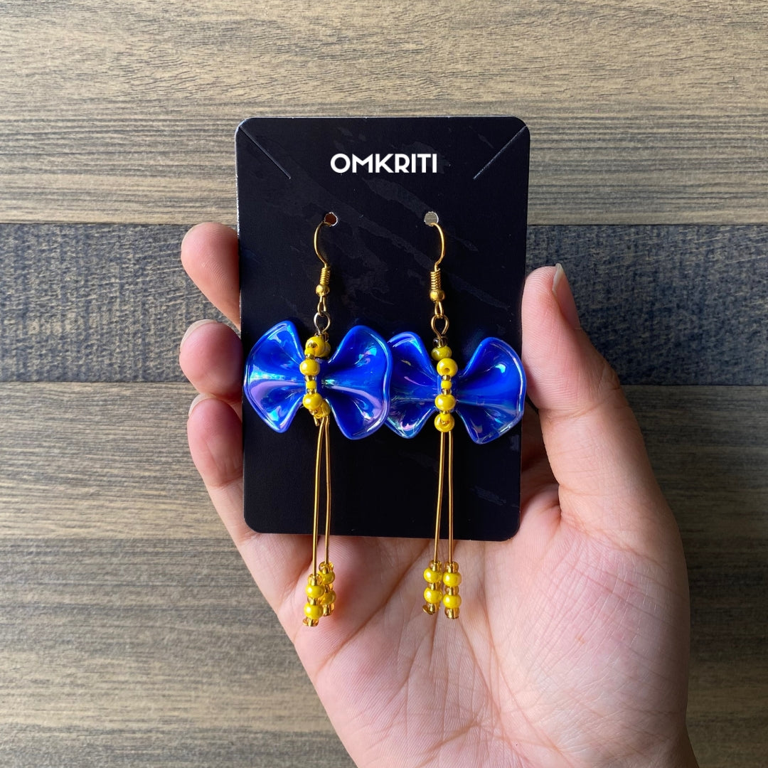 Blue Bow Yellow Beads Earring