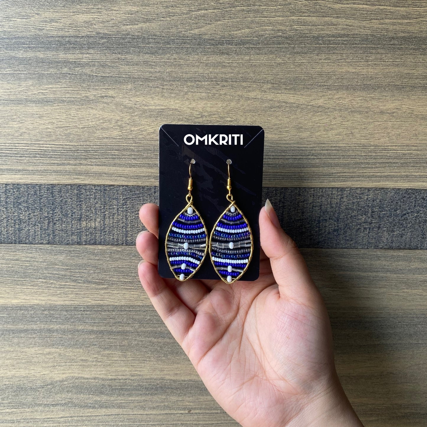 Blue and Gold Leaf Beaded Earrings
