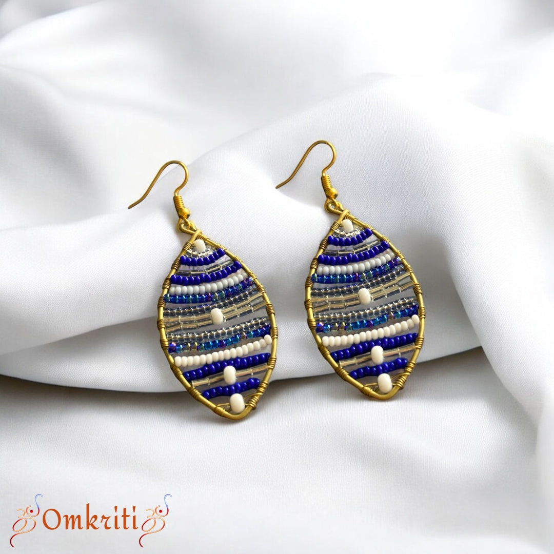 Blue and Gold Leaf Beaded Earrings