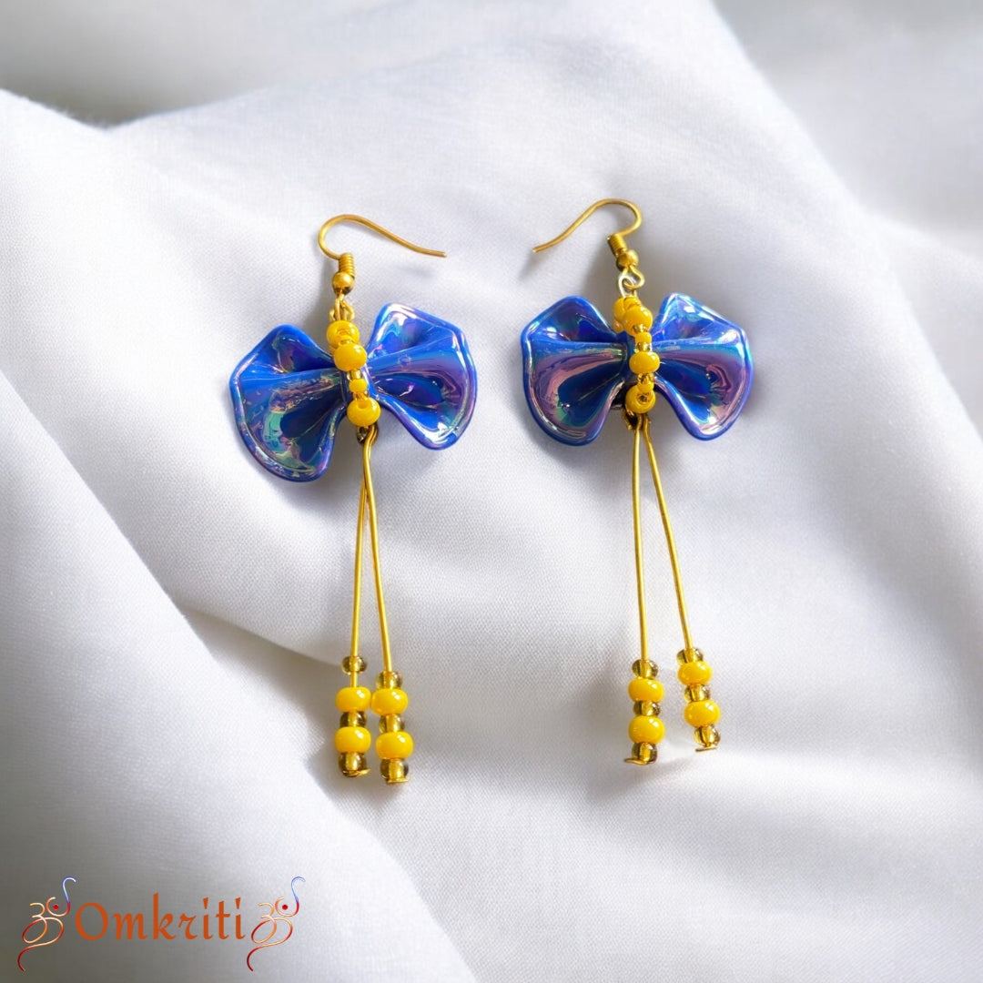 Blue Bow Yellow Beads Earring