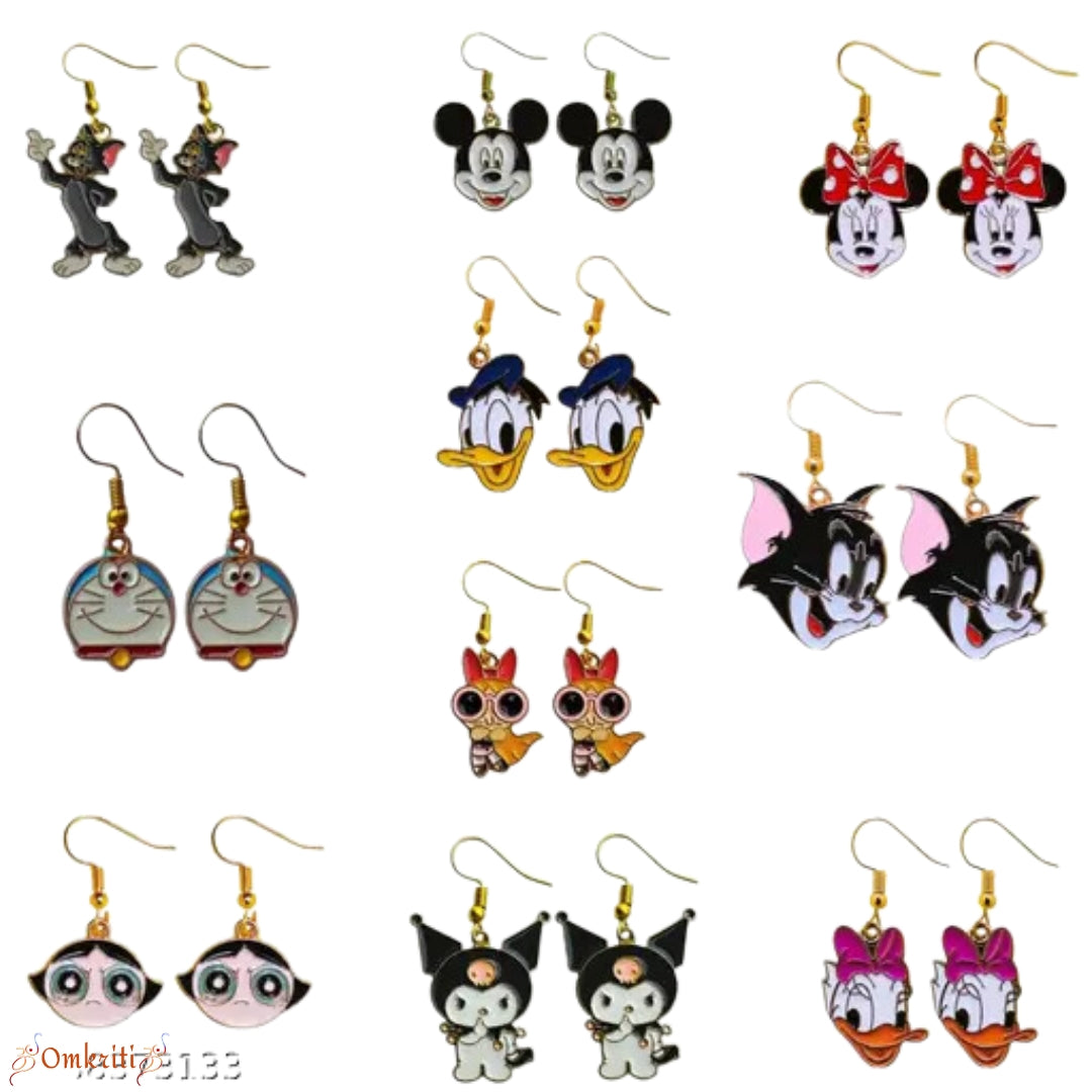 Enamel Charm Cartoon Character Earrings: Pack of 10 Pairs