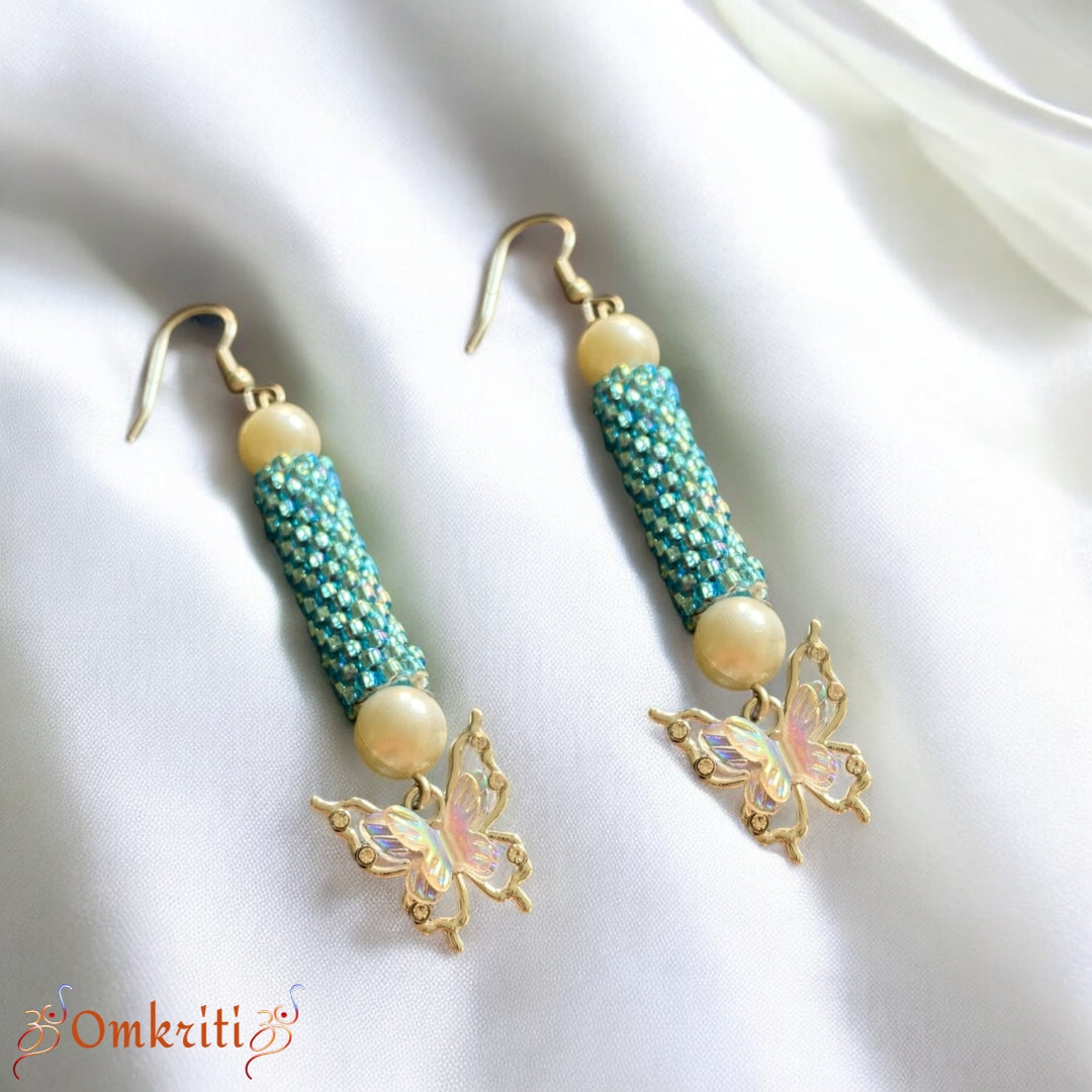 Butterfly Charm Cylindrical Beaded Earring