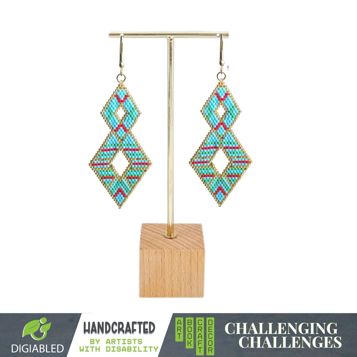 Handcrafted Double Diamond Beaded Earrings in Blue and Gold