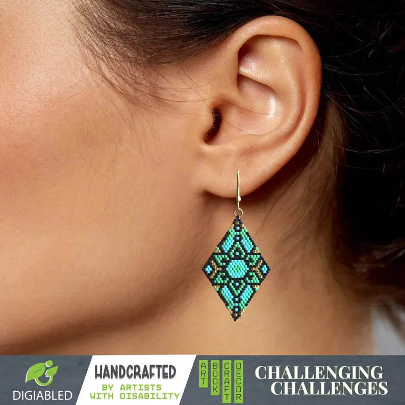 Handcrafted Geometric Brick-Stitch Earrings in Green and Blue