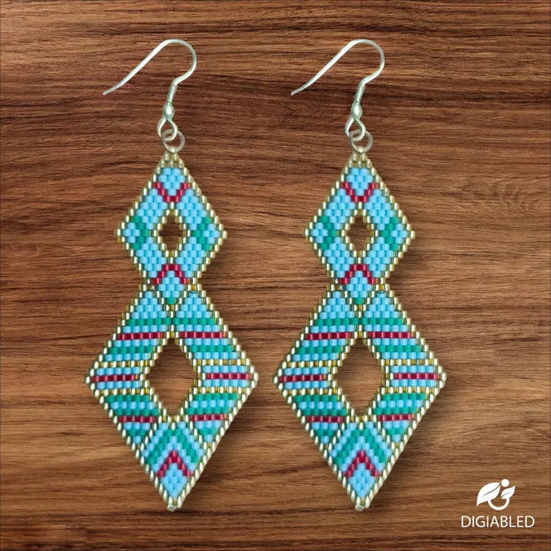 Handcrafted Double Diamond Beaded Earrings in Blue and Gold
