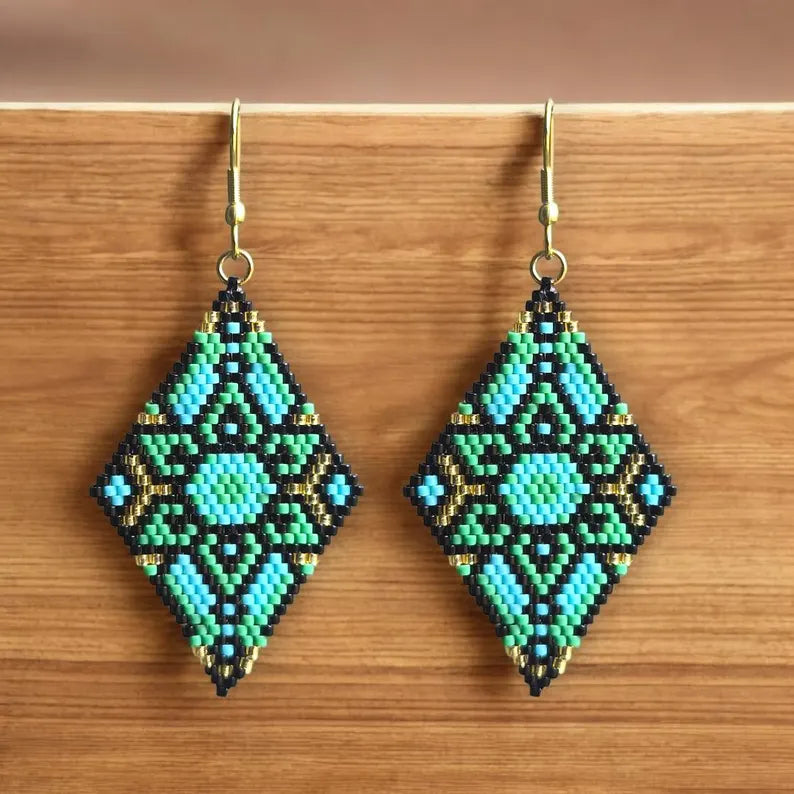 Handcrafted Geometric Brick-Stitch Earrings in Green and Blue