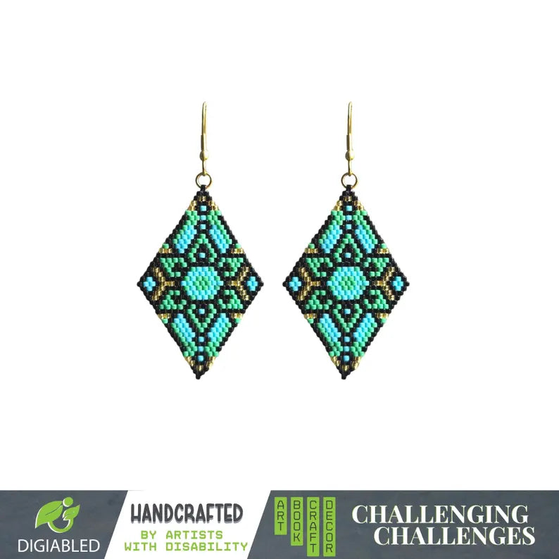 Handcrafted Geometric Brick-Stitch Earrings in Green and Blue