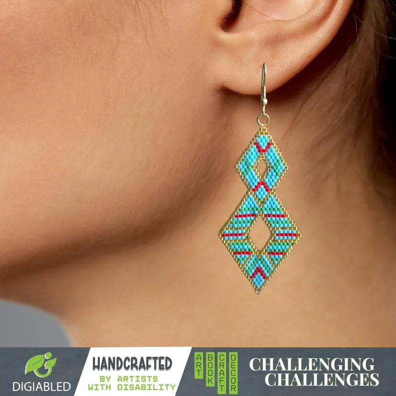 Handcrafted Double Diamond Beaded Earrings in Blue and Gold