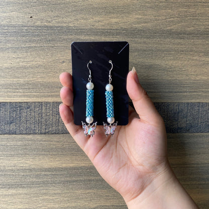Butterfly Charm Cylindrical Beaded Earring