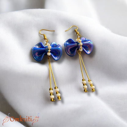 Blue Bow White Beads Earring