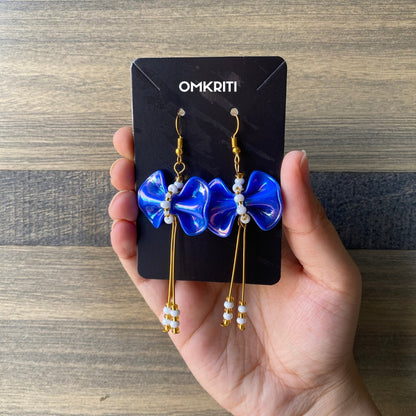 Blue Bow White Beads Earring